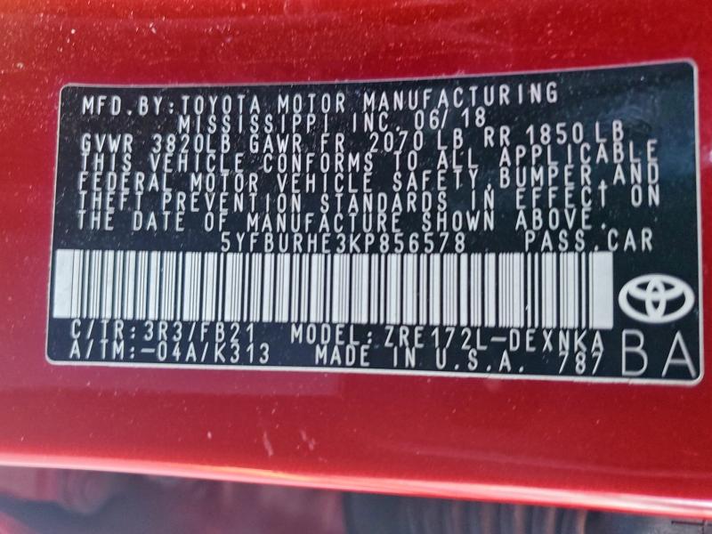 2019 TOYOTA COROLLA L - 5YFBURHE3KP856578