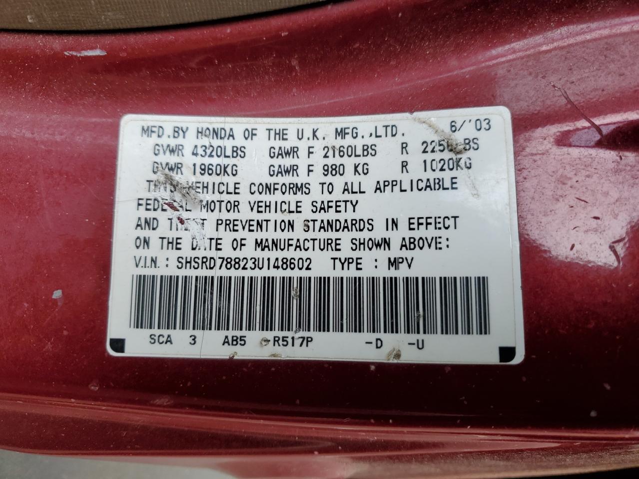 Lot #3316715441 2003 HONDA CR-V EX