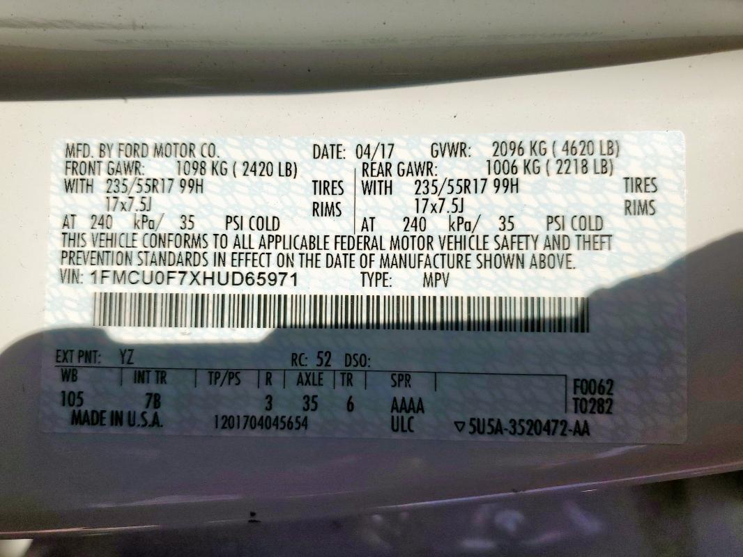 2017 FORD ESCAPE S #3303911690