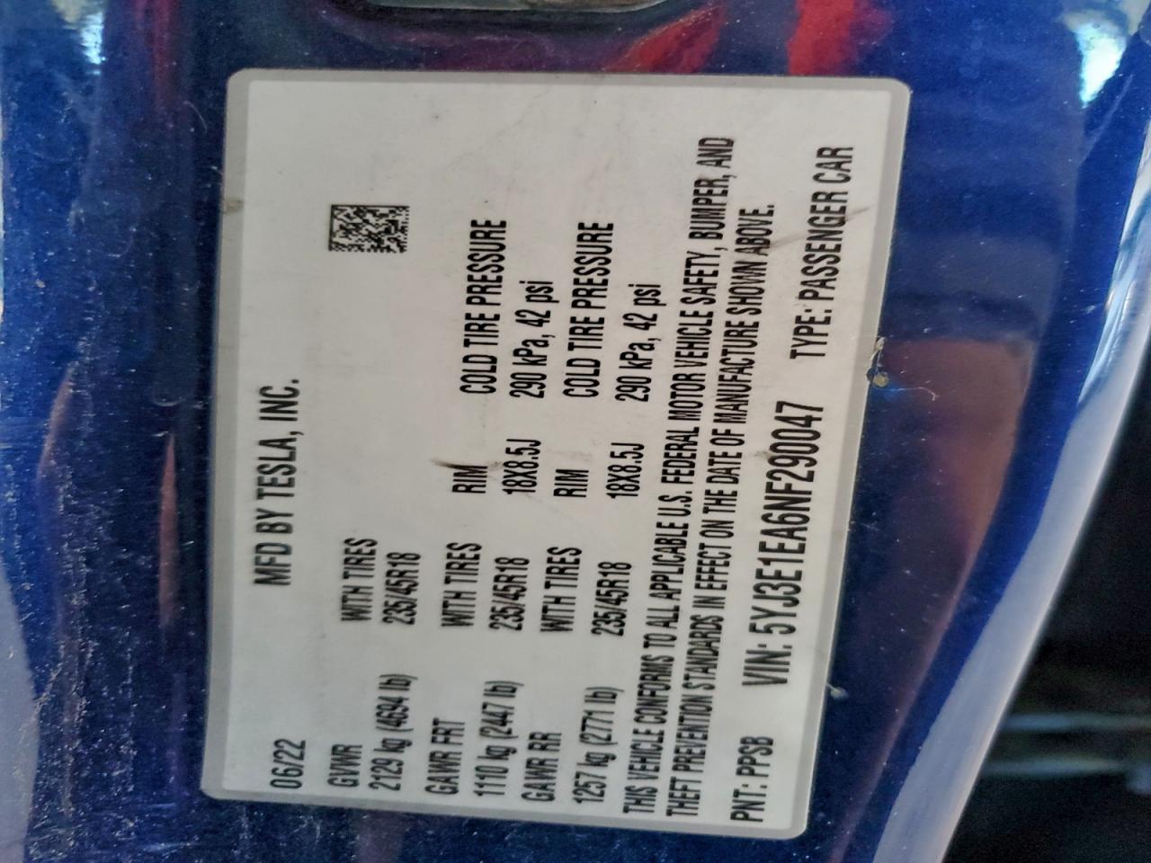 Lot #3304555438 2022 TESLA MODEL 3