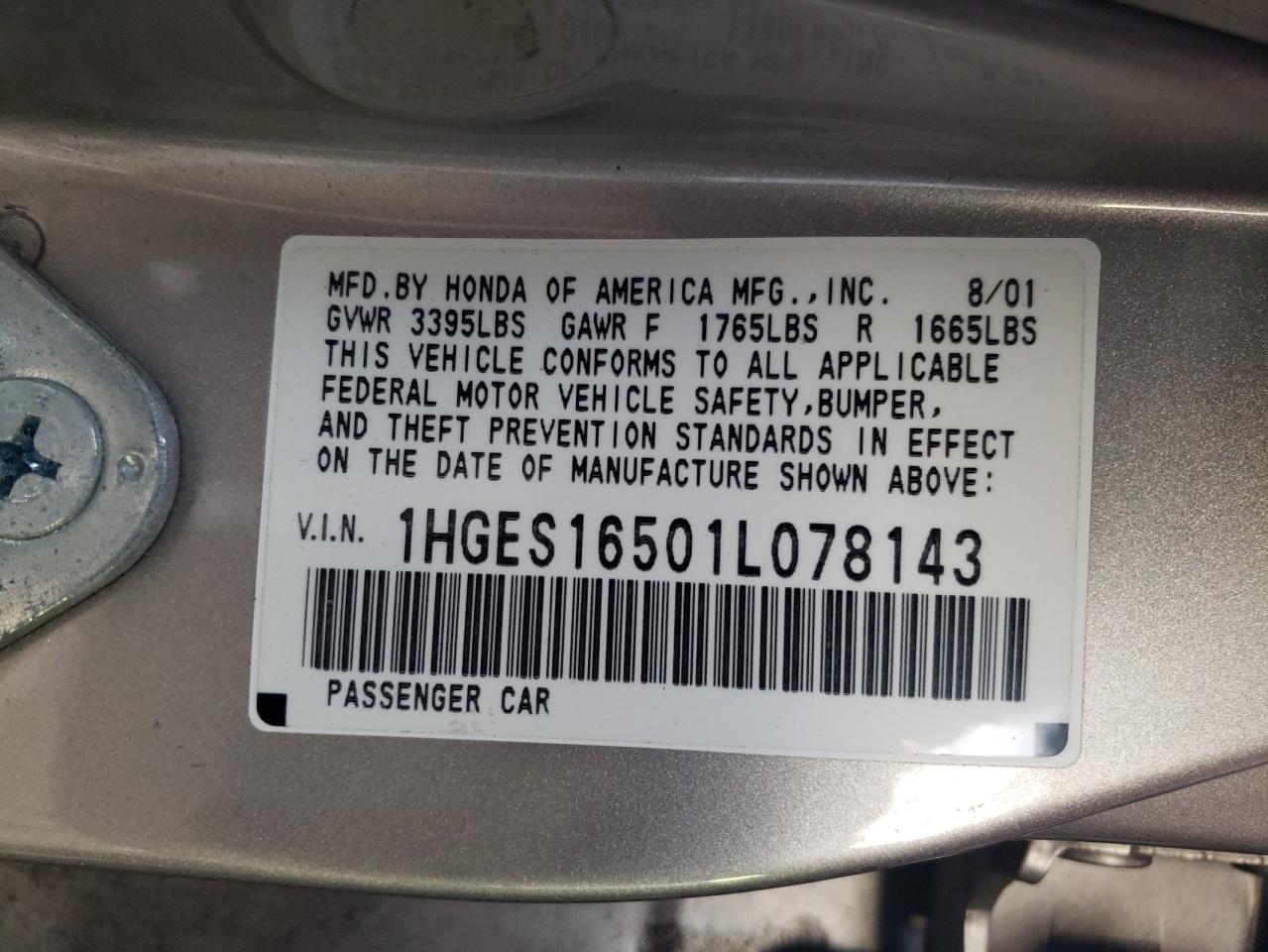 Lot #3301358394 2001 HONDA CIVIC LX