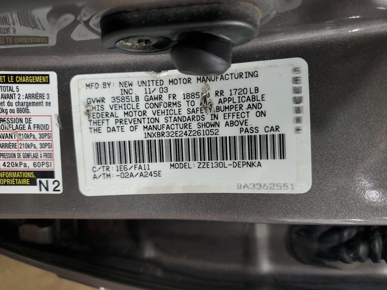 Lot #3290373766 2004 TOYOTA COROLLA CE