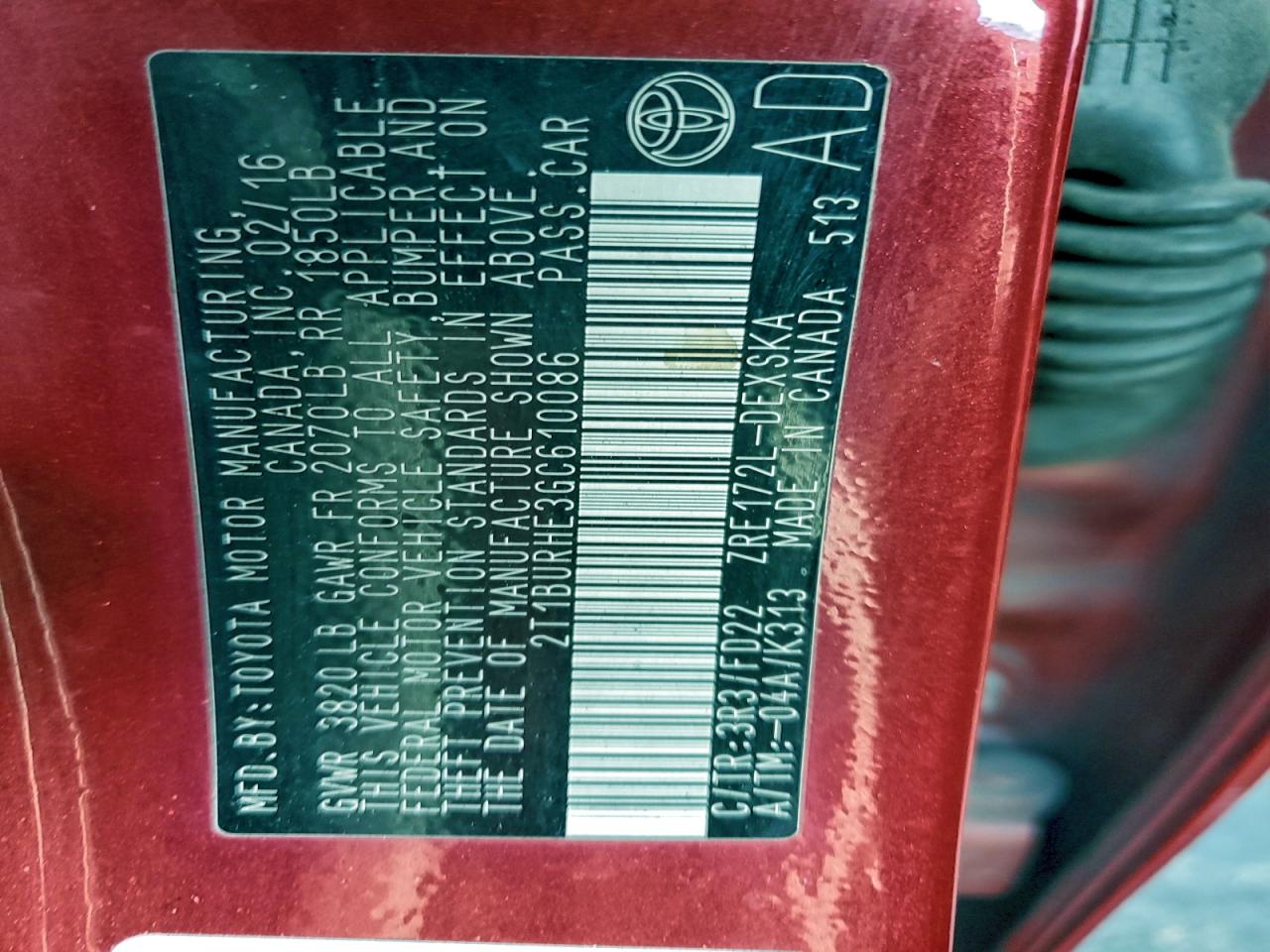 Lot #3302799988 2016 TOYOTA COROLLA L