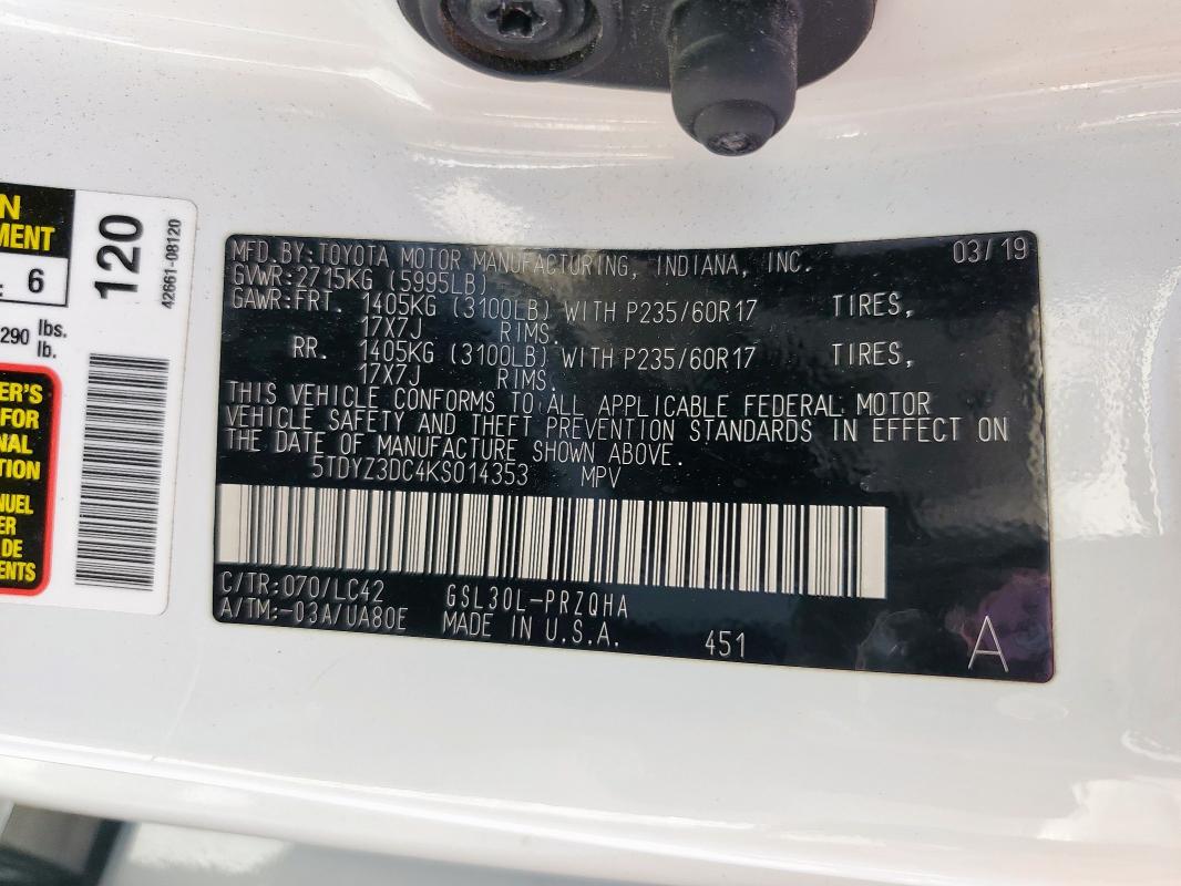 2019 TOYOTA SIENNA XLE #3290422782