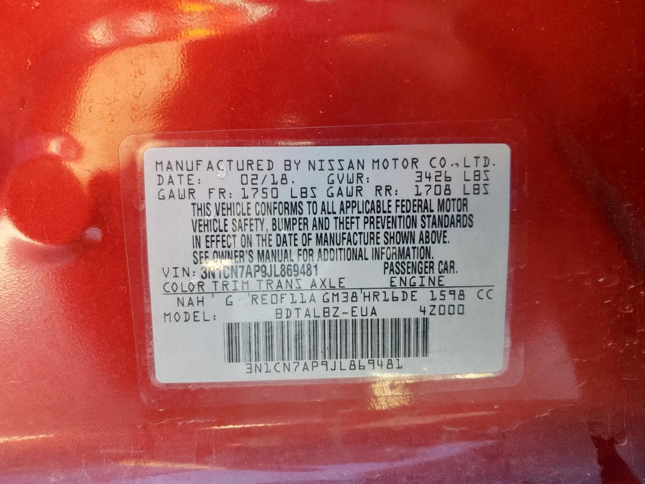 Lot #3304177445 2018 NISSAN VERSA S