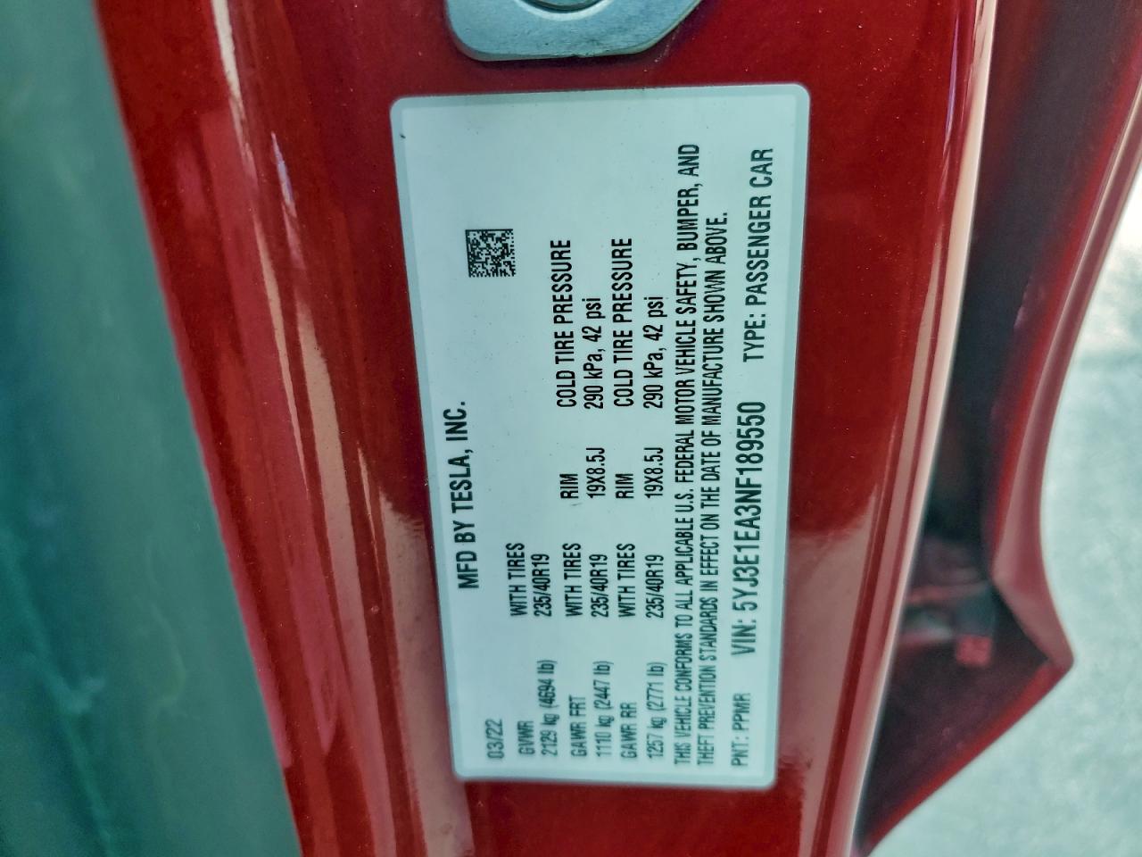 Lot #3303670943 2022 TESLA MODEL 3