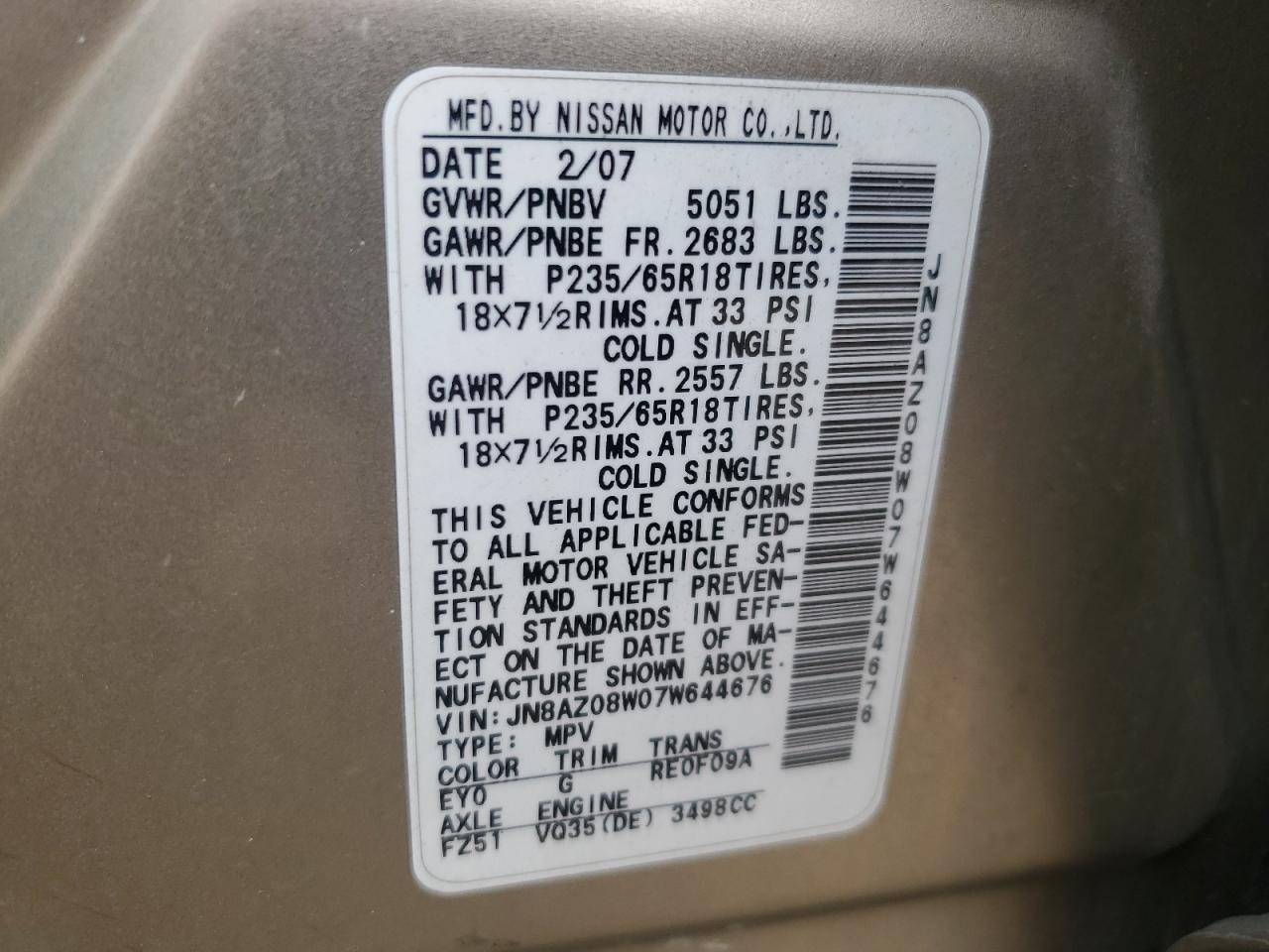 Lot #3291339185 2007 NISSAN MURANO SL