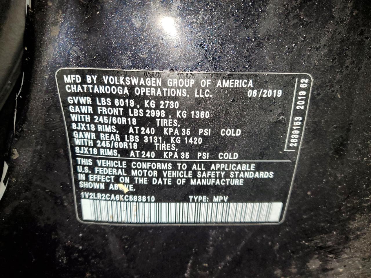 Lot #3305367317 2019 VOLKSWAGEN ATLAS SE