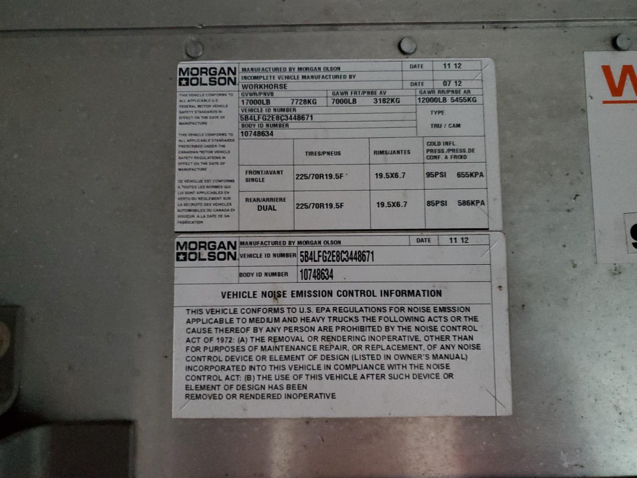 Lot #3318854060 2012 WORKHORSE CUSTOM CHASSIS COMMERCIAL