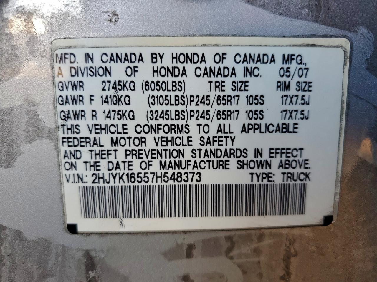 Lot #3297852816 2007 HONDA RIDGELINE RTL