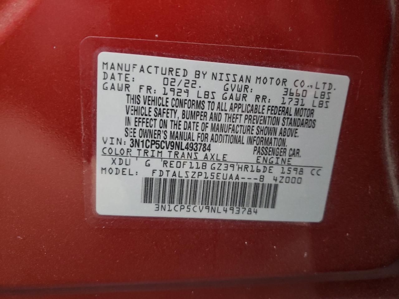 3N1CP5CV9NL493784 NISSAN KICKS 2022