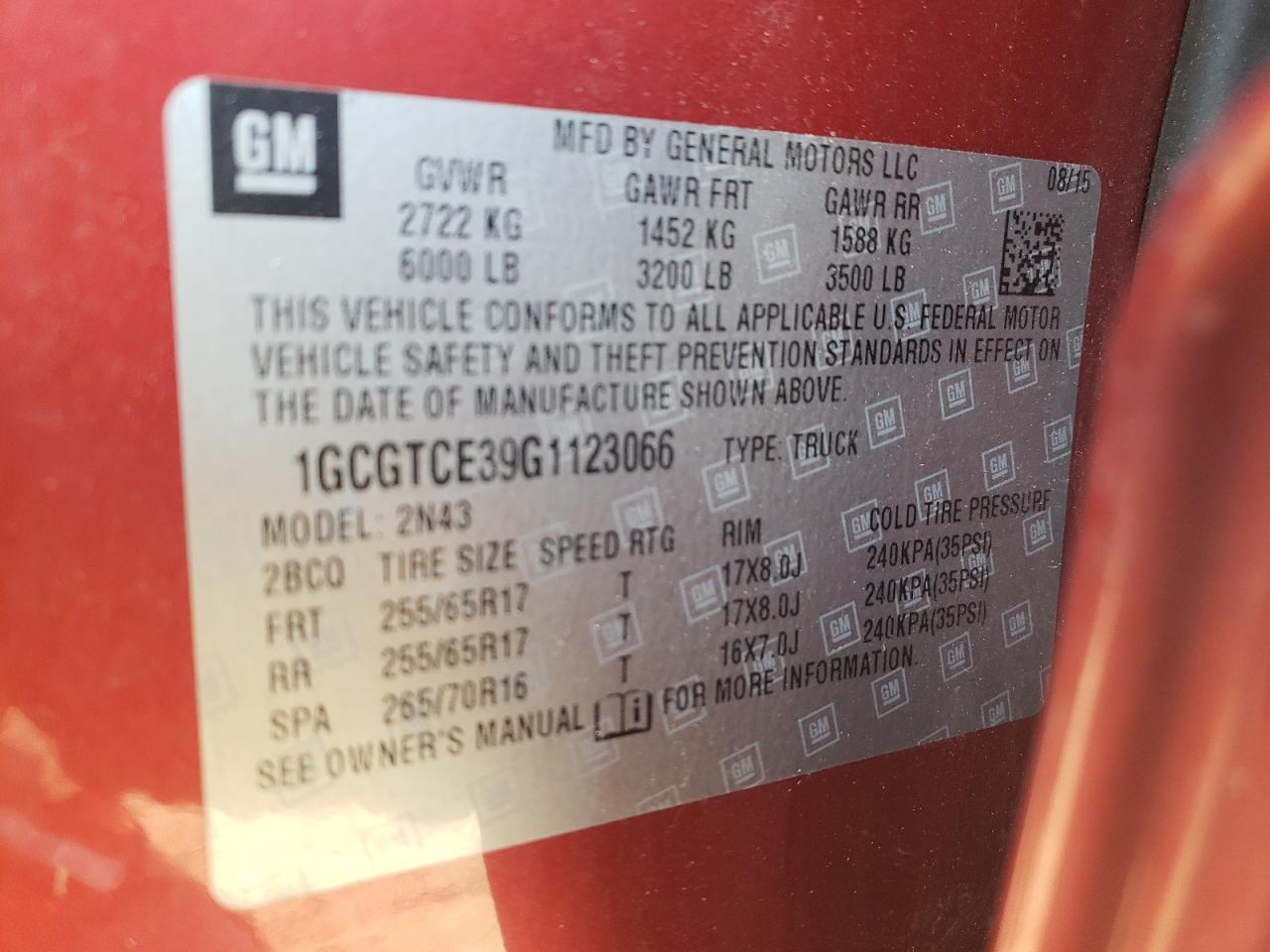 1GCGTCE39G1123066 CHEVROLET COLORADO 2016