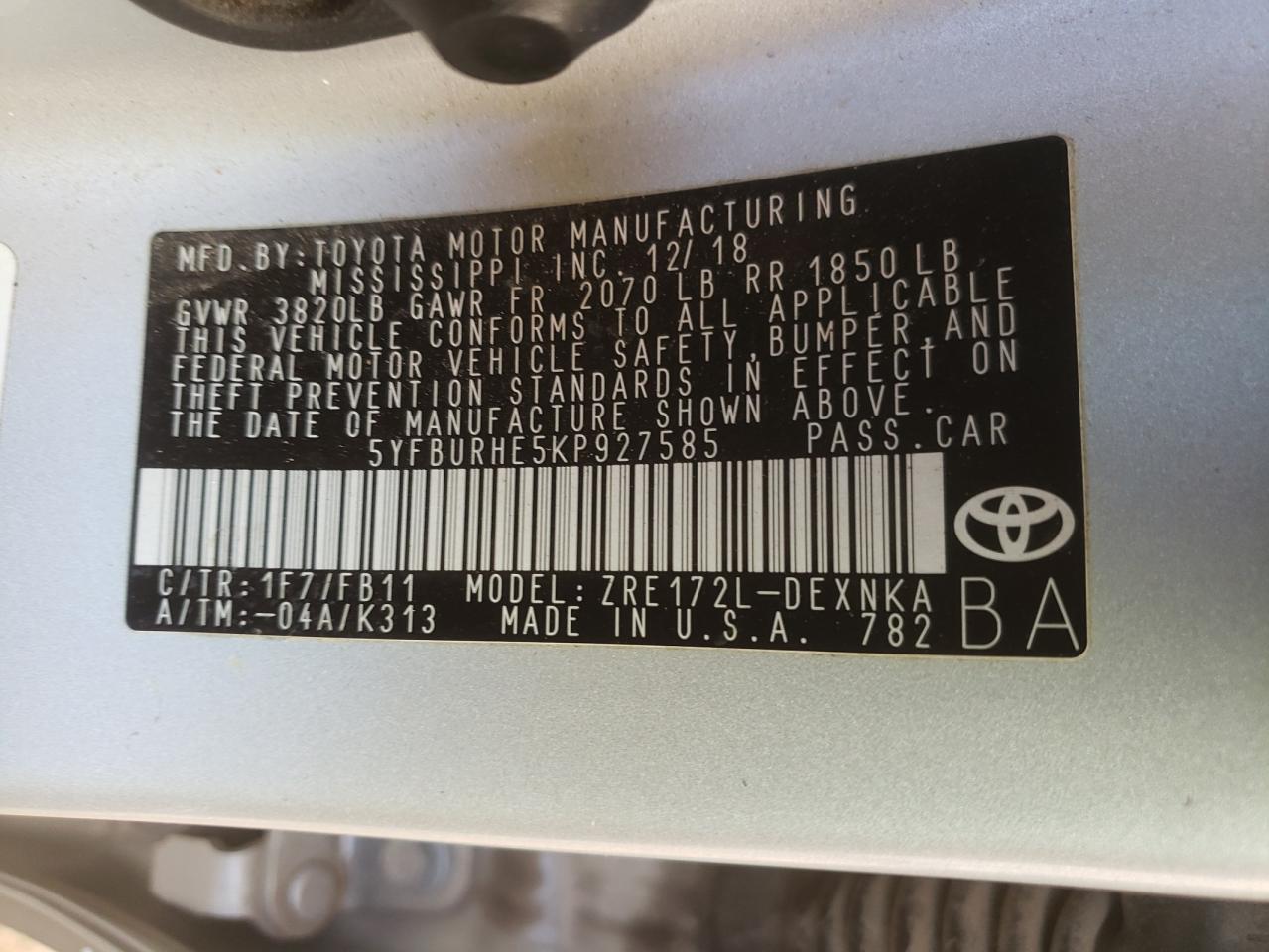 5YFBURHE5KP927585 TOYOTA COROLLA 2019