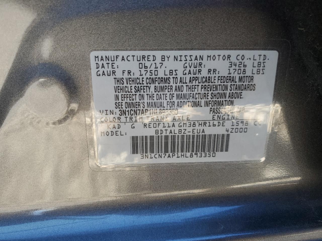 3N1CN7AP1HL893350 NISSAN VERSA 2017
