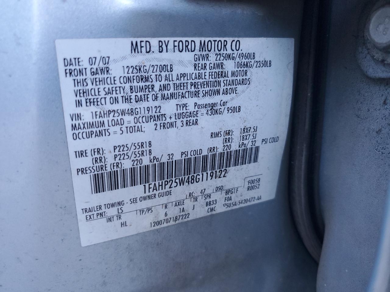 1fahp25w48g119122 1FAHP25W48G119122 2008 Ford Taurus Limited