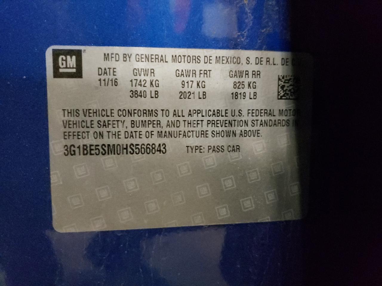 3G1BE5SM0HS566843 CHEVROLET CRUZE 2017