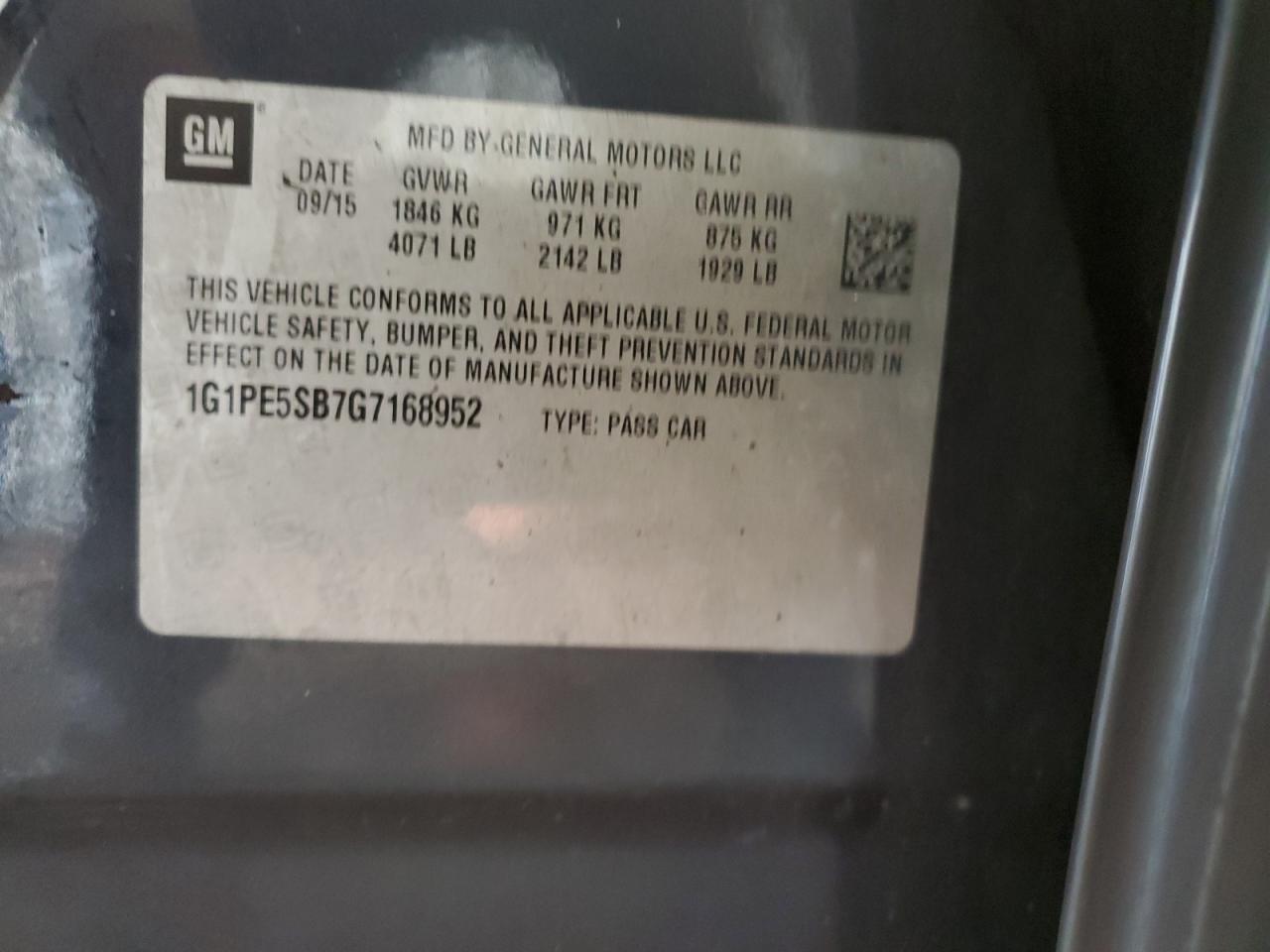 1G1PE5SB7G7168952 CHEVROLET CRUZE 2016