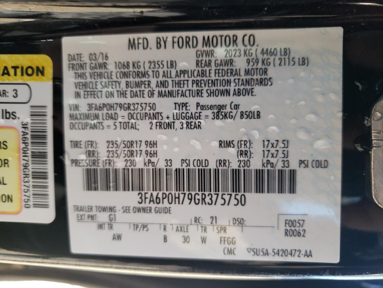 3FA6P0H79GR375750 FORD FUSION 2016