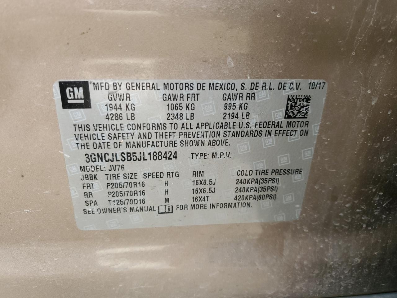 3GNCJLSB5JL188424 CHEVROLET TRAX 2018