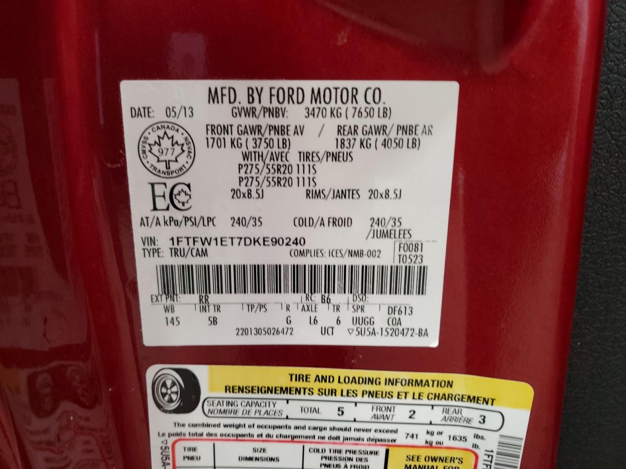 1FTFW1ET7DKE90240 2013 Ford F150 Supercrew