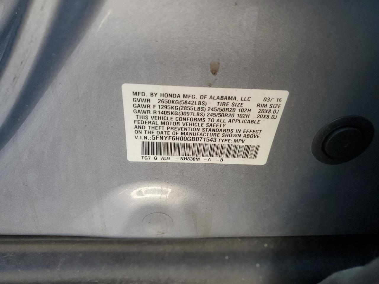 5FNYF6H00GB071543 HONDA PILOT 2016
