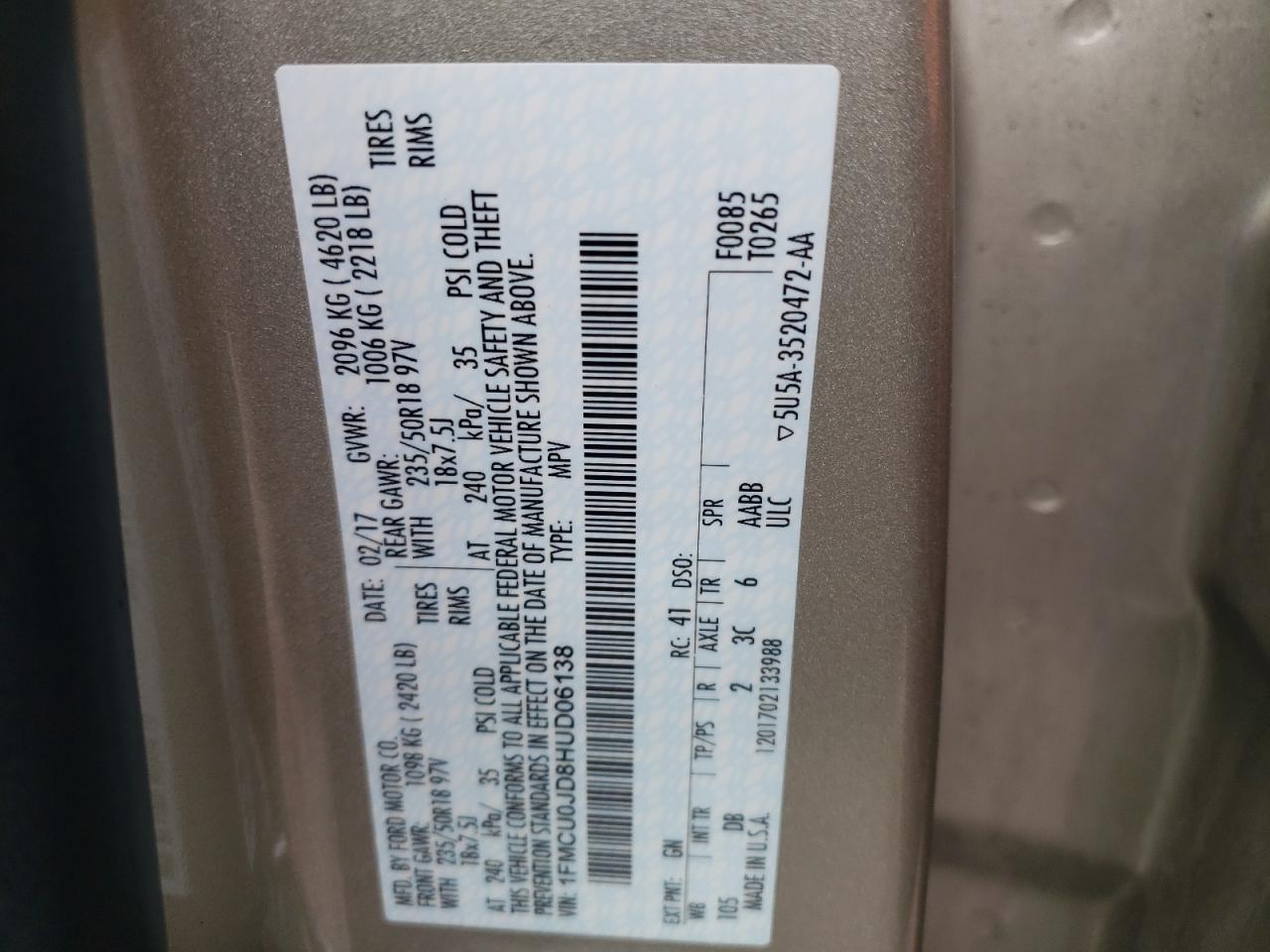 1FMCU0JD8HUD06138 FORD ESCAPE 2017