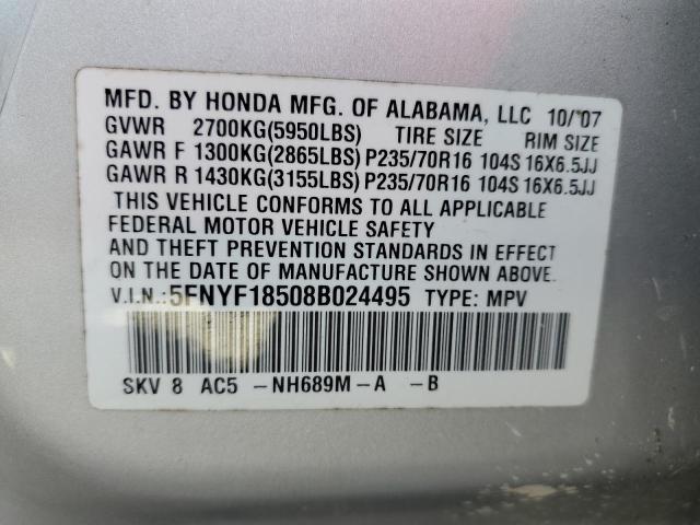 5FNYF18508B024495 | 2008 Honda pilot exl