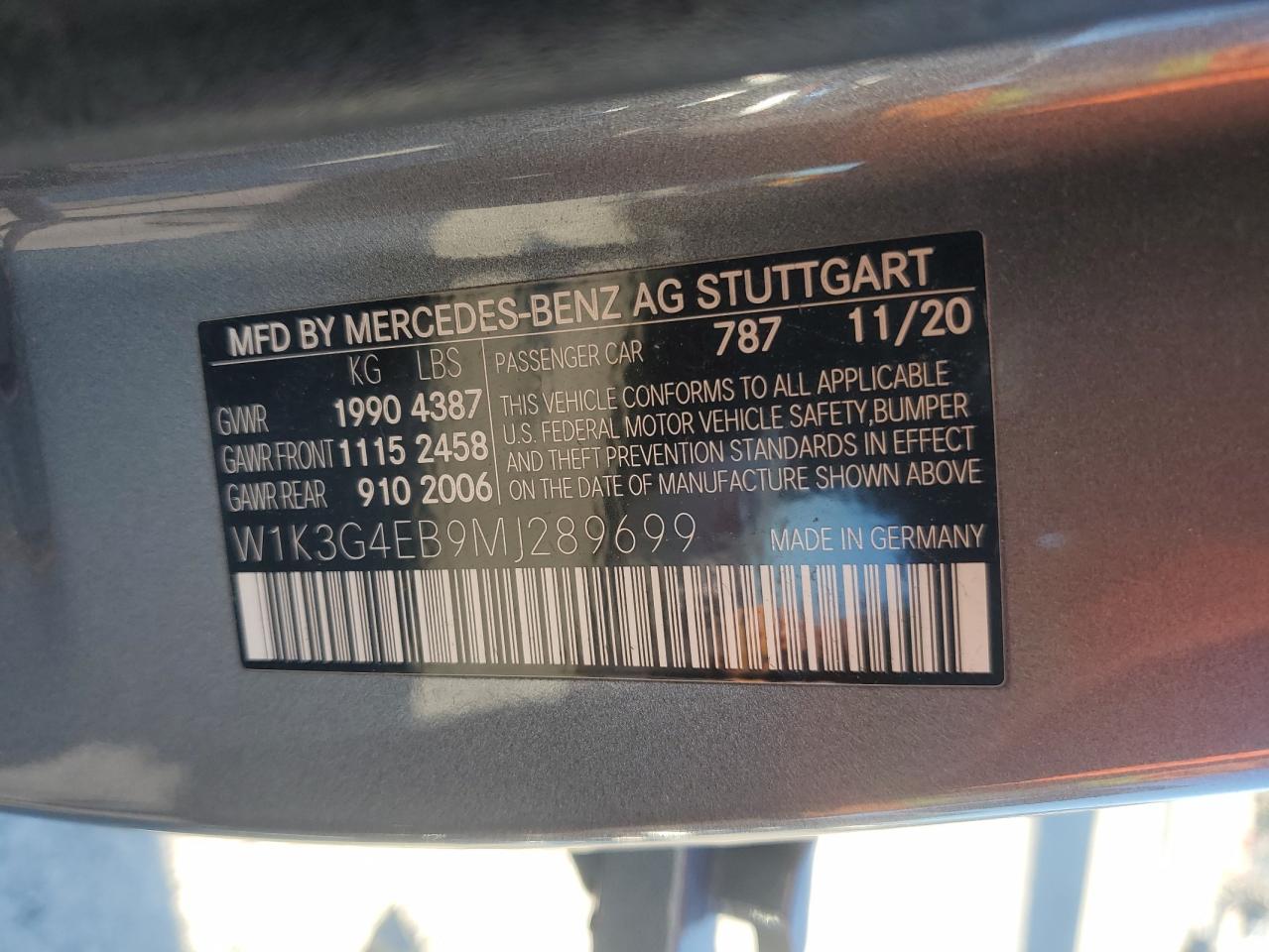 2021 Mercedes-Benz A 220 vin: W1K3G4EB9MJ289699