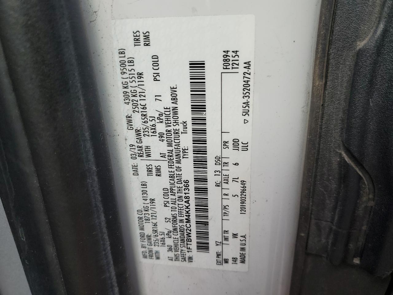 1FTBW2CM4KKA81366 FORD TRANSIT 2019