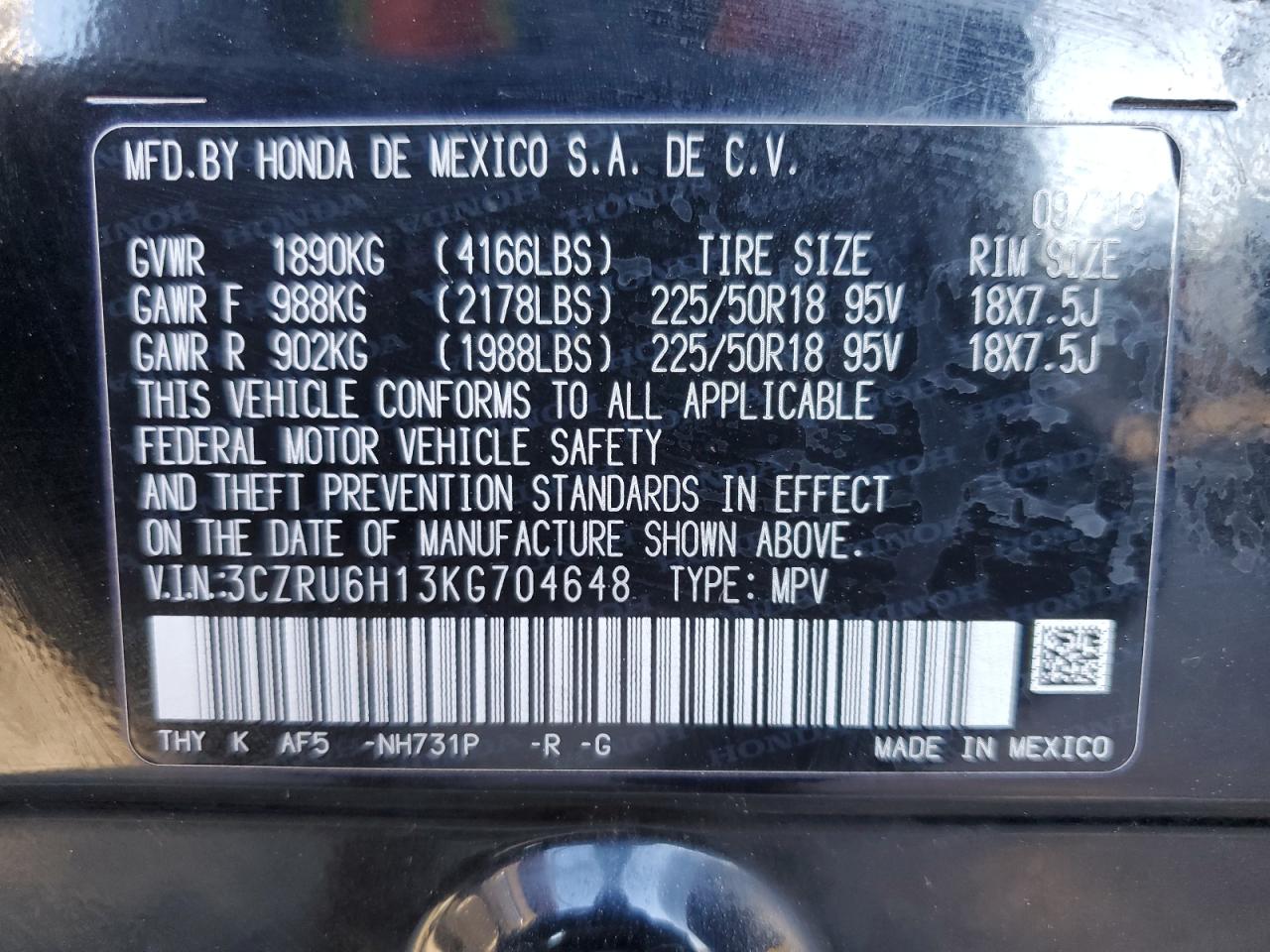 3CZRU6H13KG704648 HONDA HR-V 2019