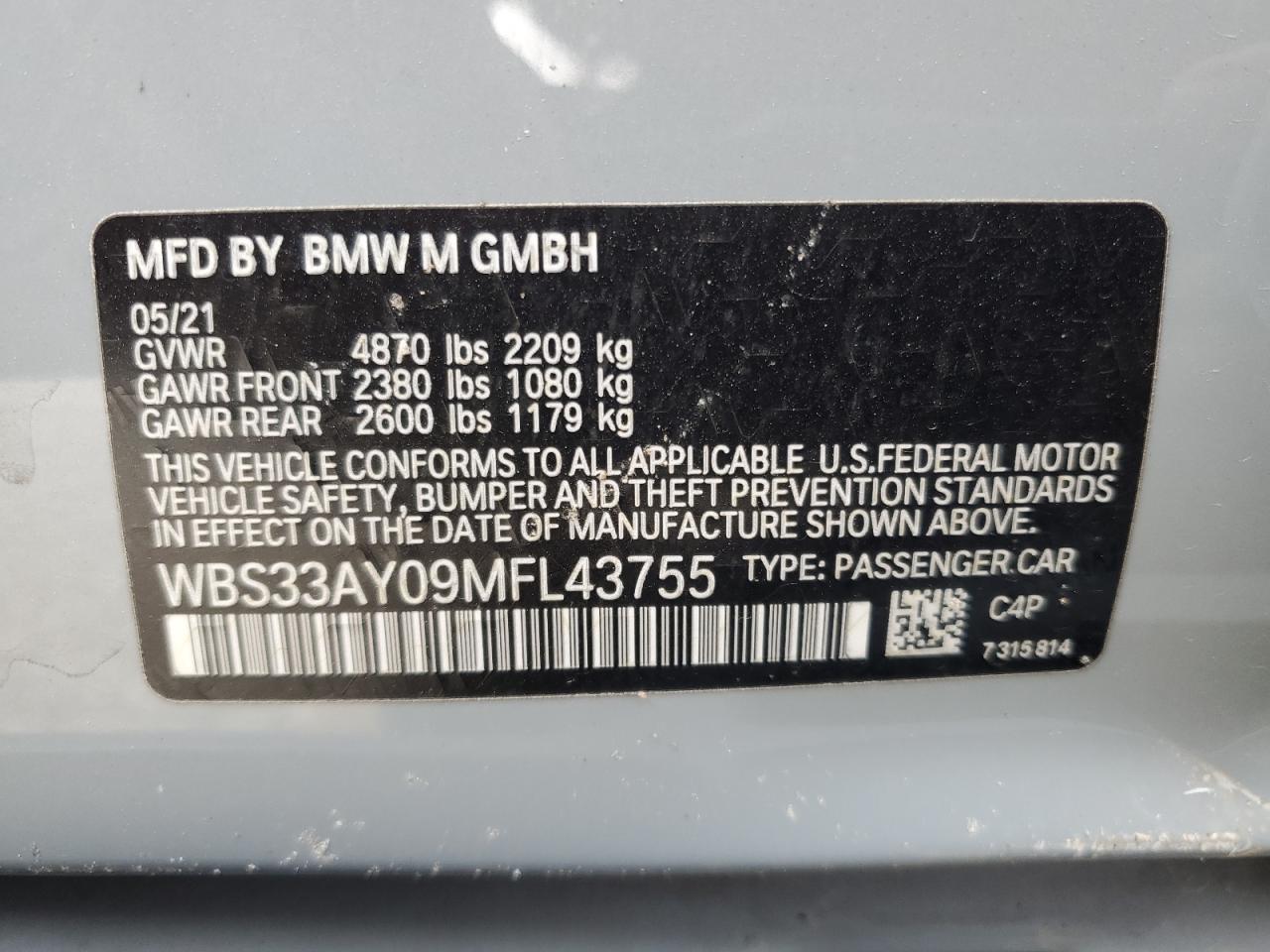 WBS33AY09MFL43755 BMW M3 2021