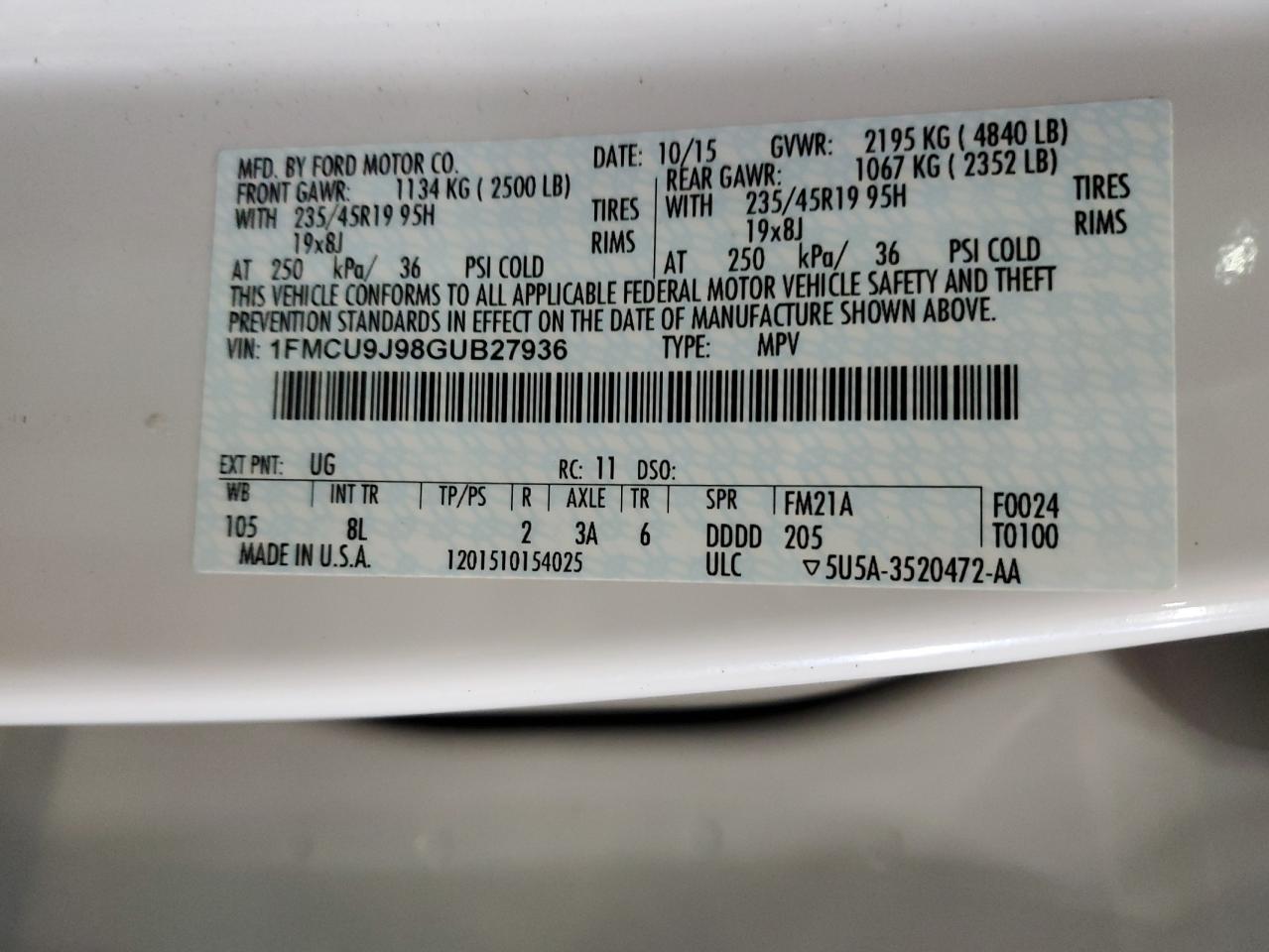 1FMCU9J98GUB27936 FORD ESCAPE 2016