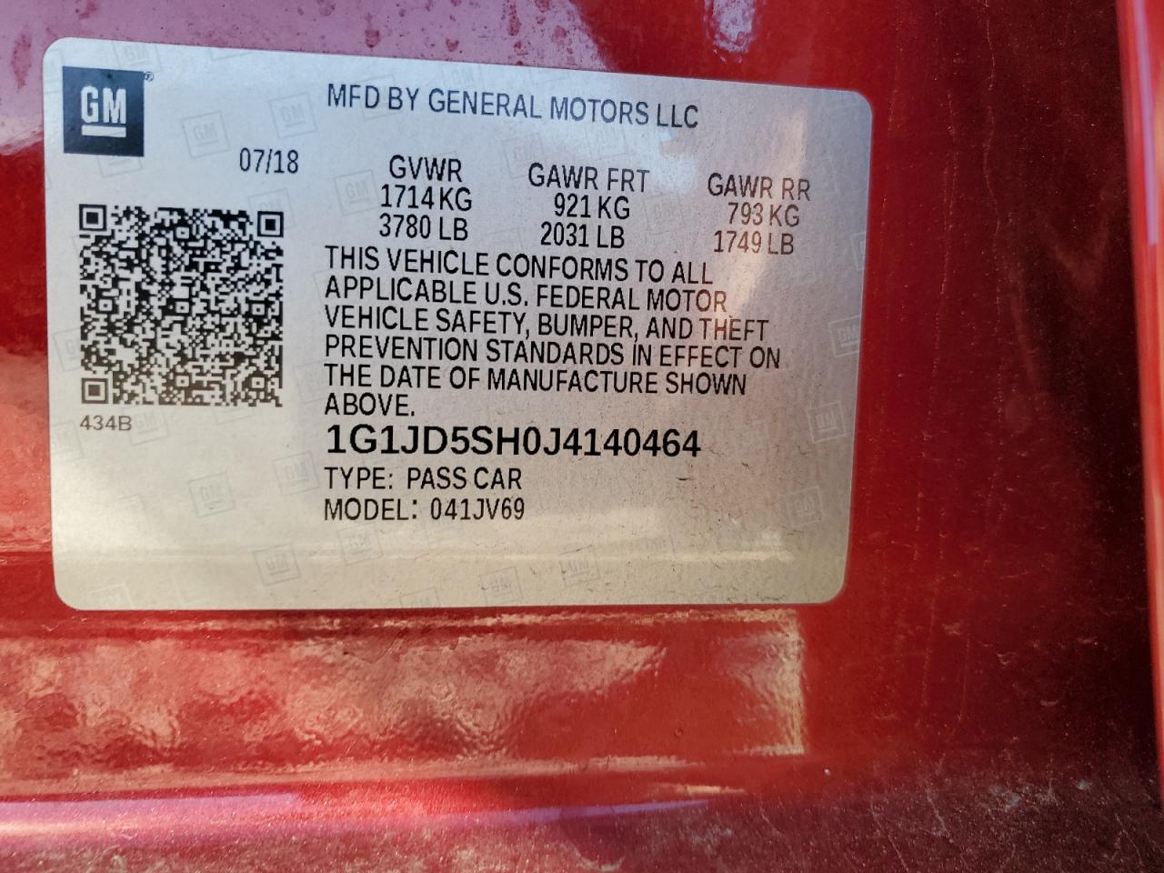 1G1JD5SH0J4140464 CHEVROLET SONIC 2018