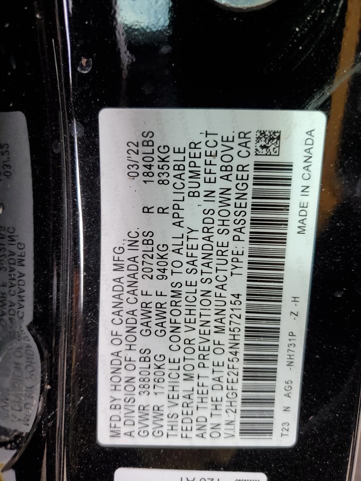 2HGFE2F54NH572154 HONDA CIVIC 2022