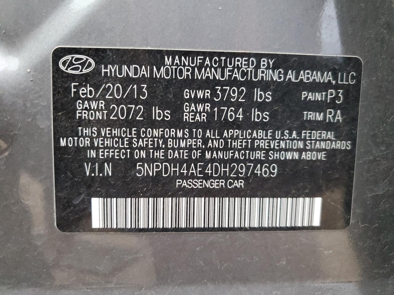5npdh4ae4dh297469 5NPDH4AE4DH297469 2013 Hyundai Elantra Gls