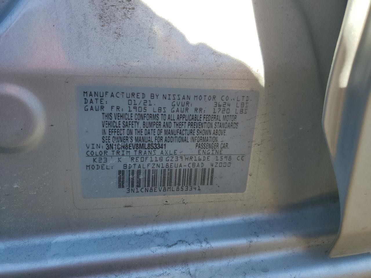 3N1CN8EV8ML853341 NISSAN VERSA 2021
