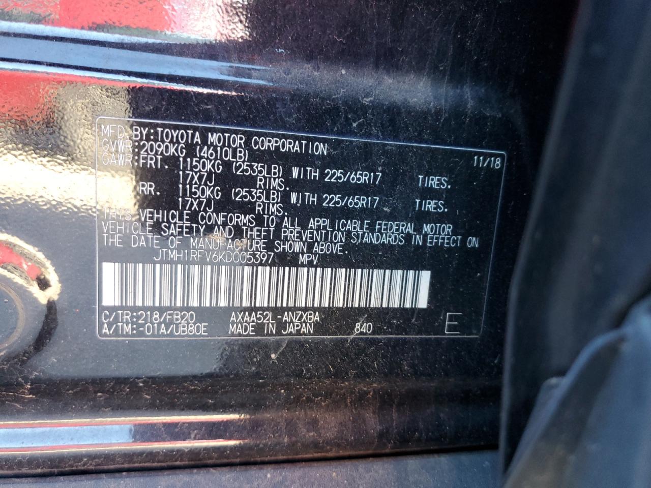 JTMH1RFV6KD005397 TOYOTA RAV4 2019