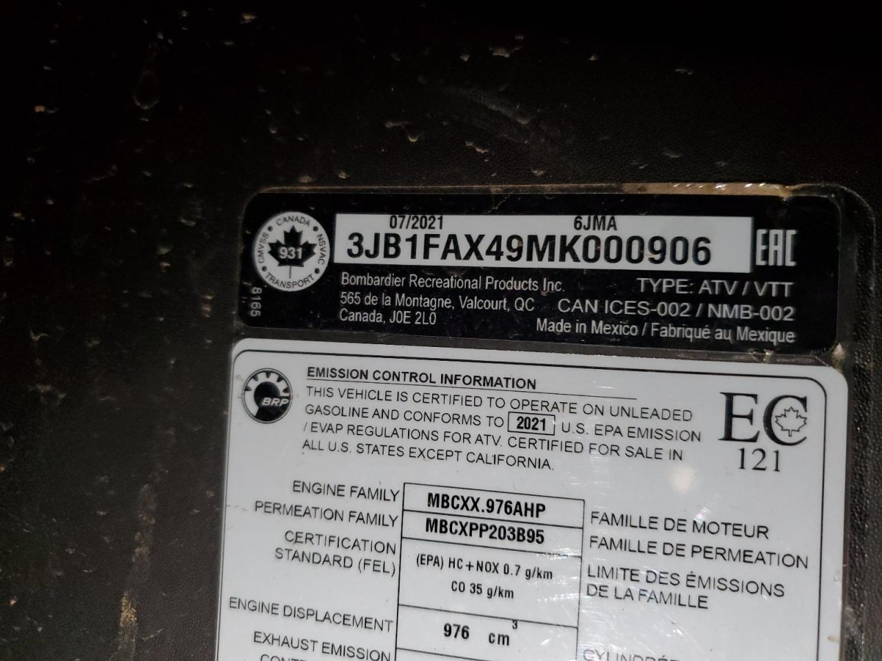 3JB1FAX49MK000906 CAN-AM SIDEBYSIDE 2021