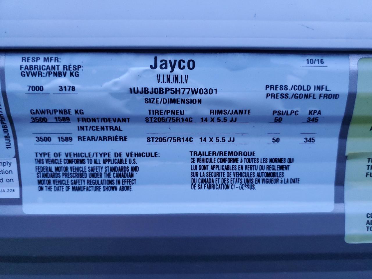 1UJBJ0BP5H77W0301 JAYCO ALL Models 2017