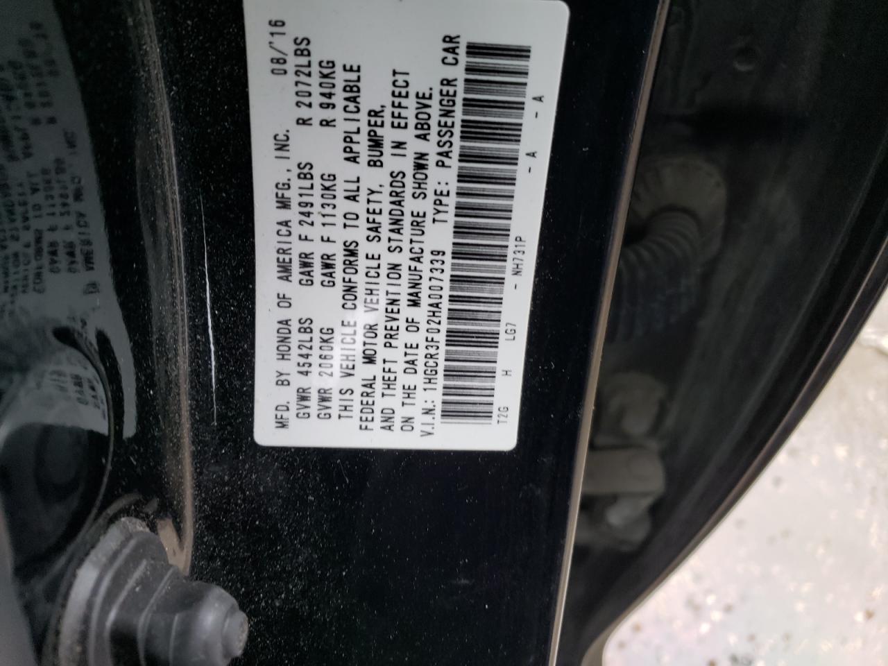 1HGCR3F02HA007339 HONDA ACCORD 2017