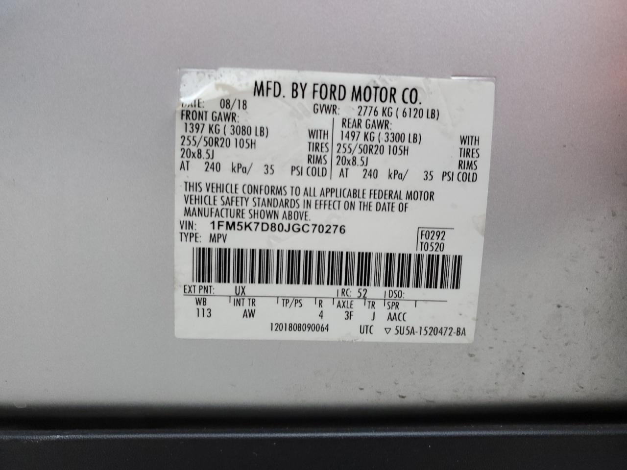1FM5K7D80JGC70276 FORD EXPLORER 2018