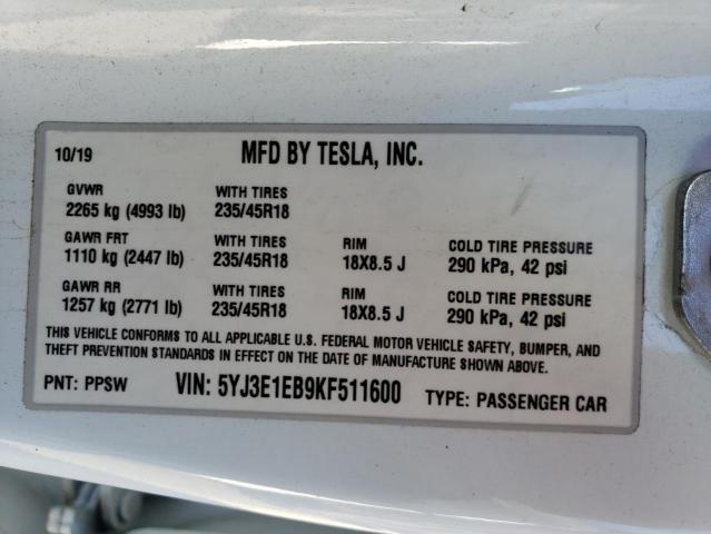 5YJ3E1EB9KF511600 | 2019 TESLA MODEL 3