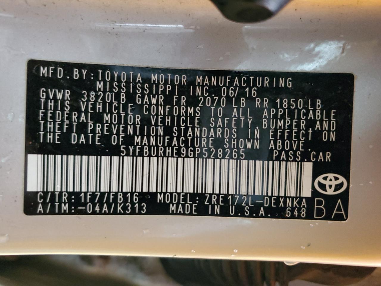 5YFBURHE9GP528265 TOYOTA COROLLA 2016