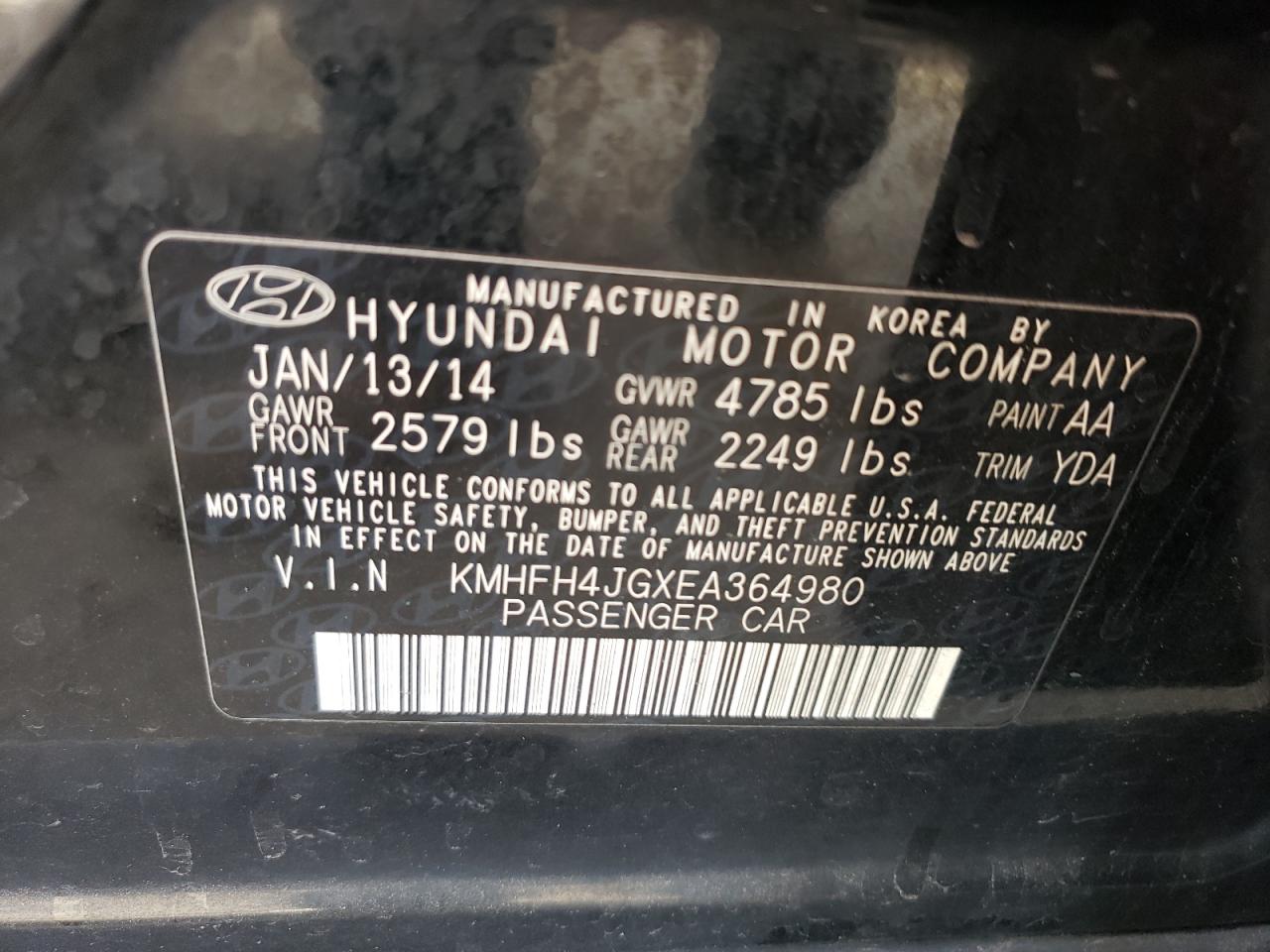 kmhfh4jgxea364980 KMHFH4JGXEA364980 2014 Hyundai Azera Gls