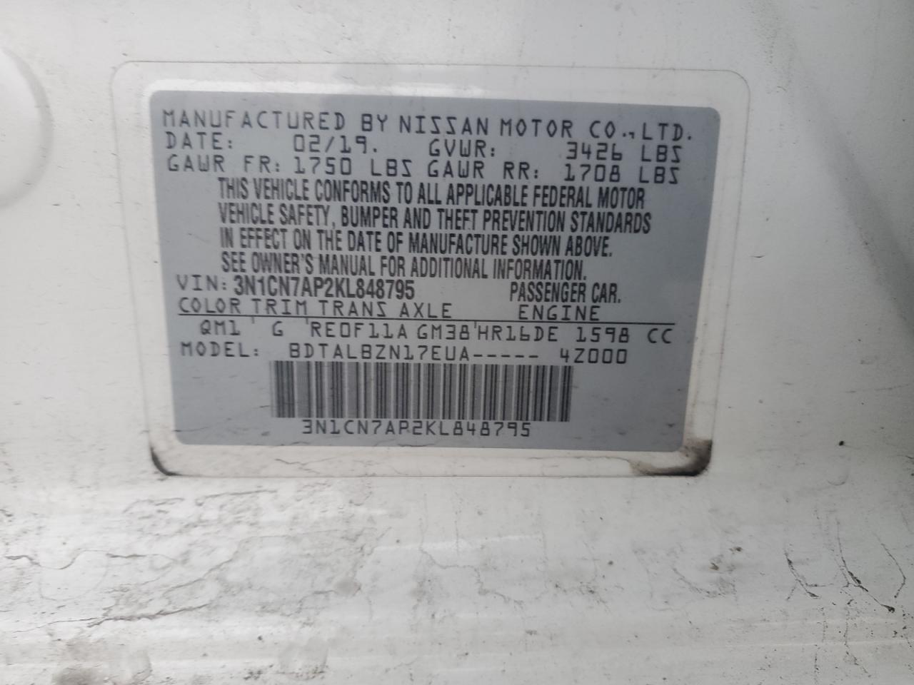 3N1CN7AP2KL848795 NISSAN VERSA 2019