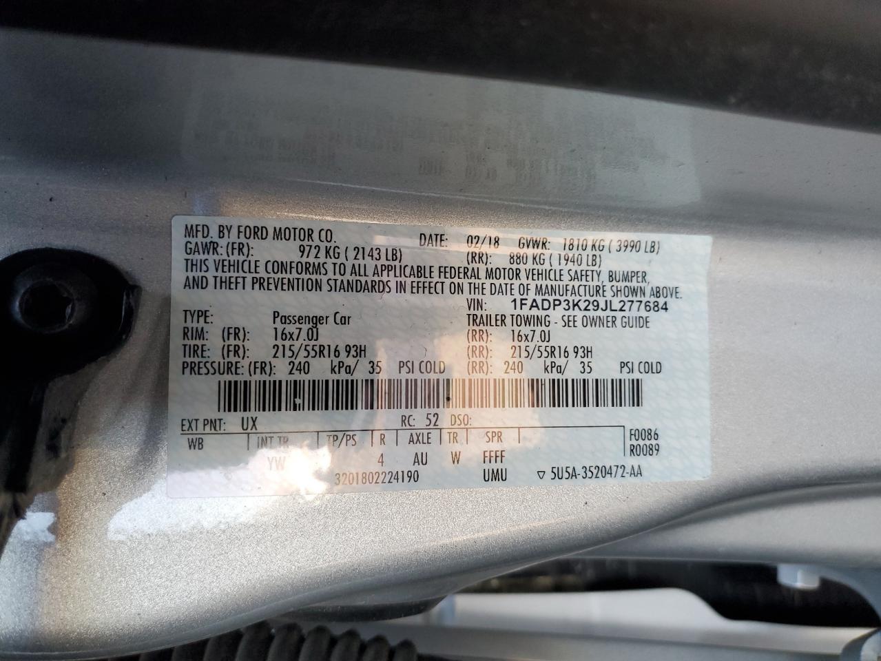 1FADP3K29JL277684 FORD FOCUS 2018