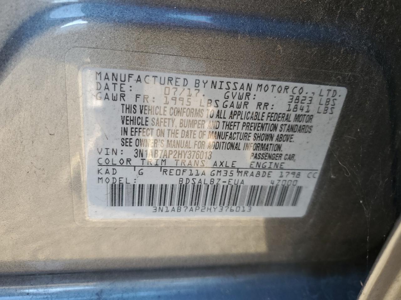 3N1AB7AP2HY376013 NISSAN SENTRA 2017