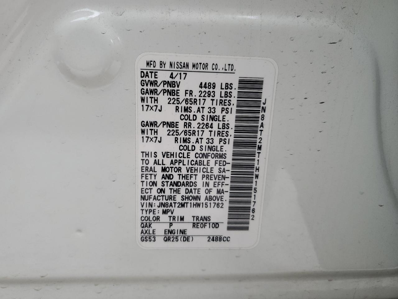 JN8AT2MT1HW151762 NISSAN ROGUE 2017
