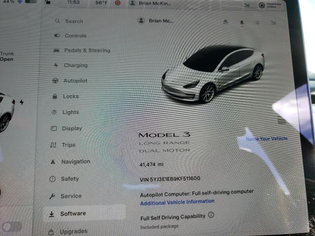 5YJ3E1EB9KF511600 | 2019 TESLA MODEL 3