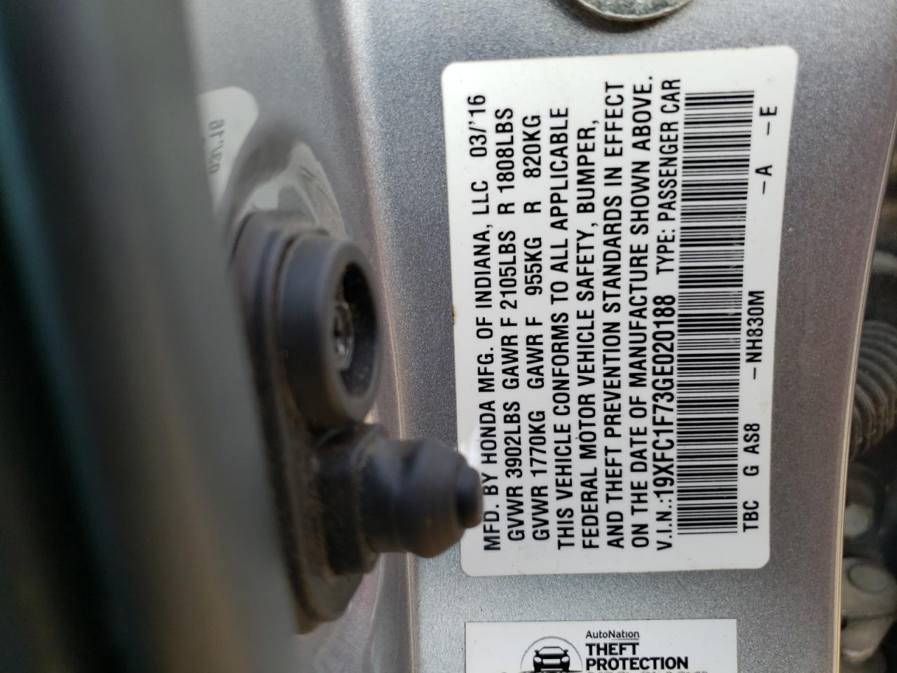 19XFC1F73GE020188 HONDA CIVIC 2016